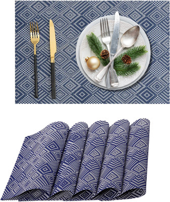 KitchEase Rectangular Pack of 5 Table Placemat(Dark Blue, White, PVC)
