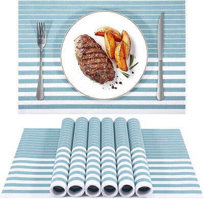 KitchEase Rectangular Pack of 6 Table Placemat(Light Blue, White, PVC)
