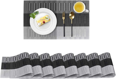 HomeHunt Rectangular Pack of 8 Table Placemat(Grey, Black, PVC)