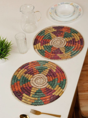 MGD Round Pack of 6 Table Placemat(Multicolor, Red, Yellow, Jute)