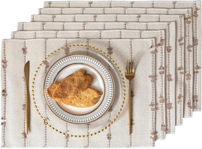 ALSTONIA Rectangular Pack of 6 Table Placemat(Beige, White, Cotton)