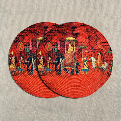 Artistic Den Round Pack of 2 Table Placemat(Red, Cotton)