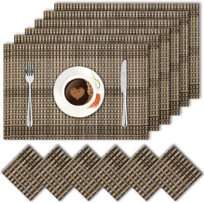 HOKiPO Rectangular Pack of 12 Table Placemat(Brown, Natural Bamboo)