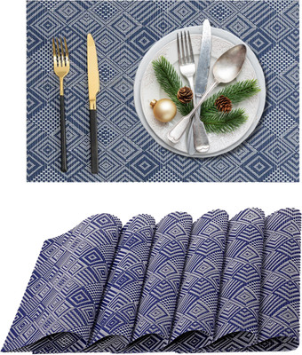 KitchEase Rectangular Pack of 6 Table Placemat(Dark Blue, White, PVC)