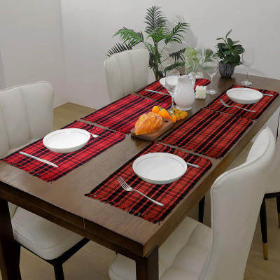 PRAKARTIK Rectangular Pack of 6 Table Placemat(Red, Black, Cotton)