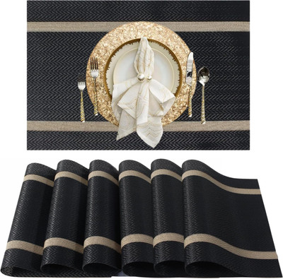 Royalkart Rectangular Pack of 6 Table Placemat(Black, Gold, PVC)