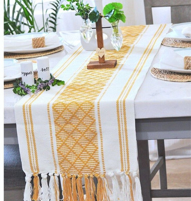 croox Yellow, White 183 cm Table Runner(Cotton)
