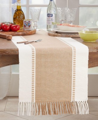 North Field Brown, White 137 cm Reversible Table Runner(Cotton)