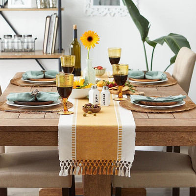 North Field Yellow, White 137 cm Reversible Table Runner(Cotton)