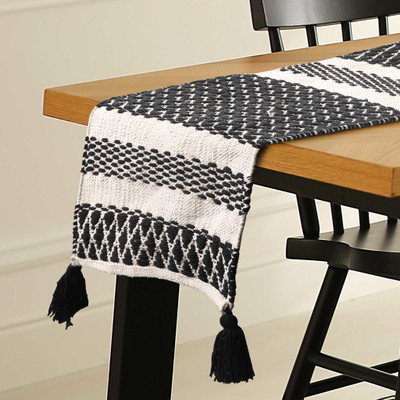 SASHAA WORLD White, Black 182 cm Reversible Table Runner(Cotton)