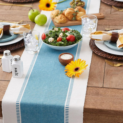 North Field Blue, White 137 cm Reversible Table Runner(Cotton)