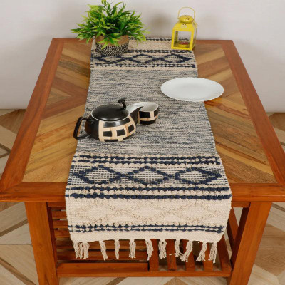 North Field Blue, White 182 cm Reversible Table Runner(Cotton)