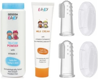 Geggsa Baby Talcum Powder (100g), Milk Cream (50g) & Silicone Soft Finger Toothbrush(4 x 37.5 g)