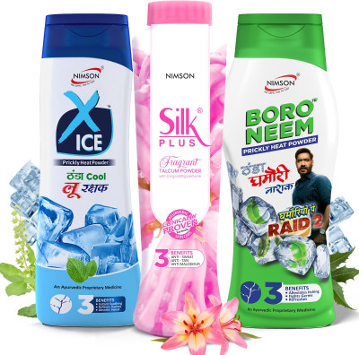 Nimson Silk Plus & Boro Neem & X-ice Talcum Powder Ghamori, Loo Rakshak & Perfume Talc(3 x 100 g)