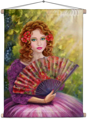Artzfolio Girl With A Fan Against A Grape Garden Canvas Tapestry Scroll Art 24 x 30.3 inch Printed Tapestry(Multicolor)