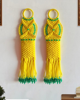 Kasba Macrame Wall Hanging| Sea Green Beads | Set of 2 | Utility Holder | Bohemian Tapestry(Yellow)