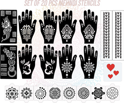 IVANA'S Pack of 20 Heena Mehandi Tatto Stencils Set for Women, Girls, Teen & Kids CP-20PACK-2370 10 + 8 + 2 Pcs Heena Mehandi Hand, Palm ARM Leg Body Laser Cut Reusable Stencil Stencil(Pack of 1, Floral, Artistic)