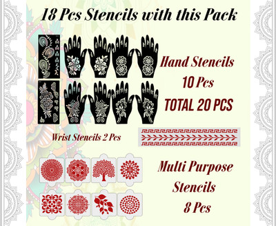 IVANA'S Pack of 20 Heena Mehandi Tatto Stencils Set for Women, Girls, Teen & Kids CP-20PACK-2218 10 + 8 + 2 Pcs Heena Mehandi Hand, Palm ARM Leg Body Laser Cut Reusable Stencil Stencil(Pack of 1, Floral, Artistic)