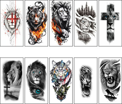 Vanvati Tiger, Lion Cross With Fire, Cross Tribal Animals Temporary Tattoo Sticker(Temporary Tattoo Sticker, Fake Tattoo Sticker, Skin friendly Tattoo)
