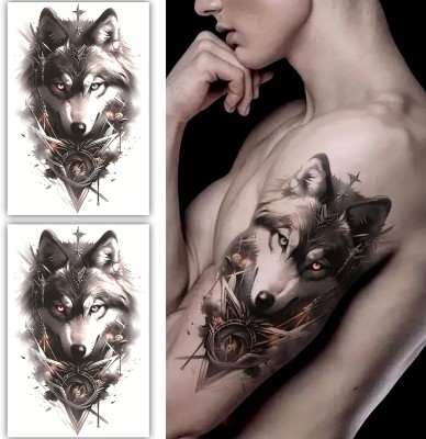 S.A.V.I 2 Sheets Temporary Tattoo Stickers 19x12cm Waterproof Body Art for Men & Women(Large Realistic Wolf, for Shoulder, Arm & Back - Large 19x12cm)