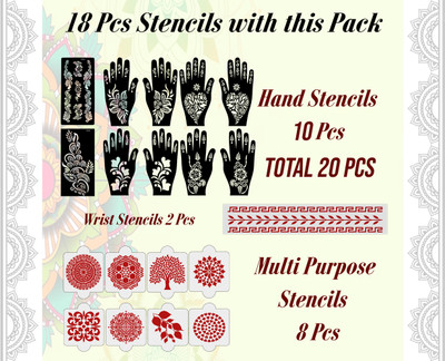 IVANA'S Pack of 20 Heena Mehandi Tatto Stencils Set for Women, Girls, Teen & Kids CP-20PACK-2044 10 + 8 + 2 Pcs Heena Mehandi Hand, Palm ARM Leg Body Laser Cut Reusable Stencil Stencil(Pack of 1, Floral, Artistic)