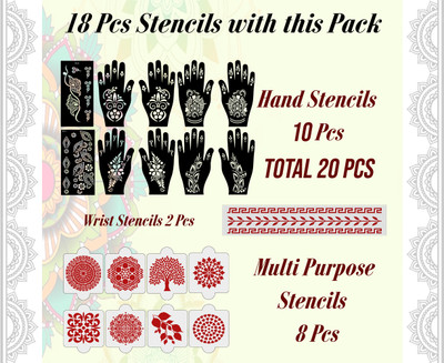IVANA'S Pack of 20 Heena Mehandi Tatto Stencils Set for Women, Girls, Teen & Kids CP-20PACK-2336 10 + 8 + 2 Pcs Heena Mehandi Hand, Palm ARM Leg Body Laser Cut Reusable Stencil Stencil(Pack of 1, Floral, Artistic)