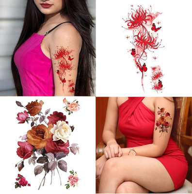 TATMODS Red Rose Leaf Combo Tattoo Pack 2 Waterproof Men and Women Body Sticker(Pack Of 2 Tattoo Combo)