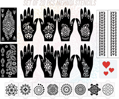 IVANA'S Pack of 20 Heena Mehandi Tatto Stencils Set for Women, Girls, Teen & Kids CP-20PACK-2189 10 + 8 + 2 Pcs Heena Mehandi Hand, Palm ARM Leg Body Laser Cut Reusable Stencil Stencil(Pack of 1, Floral, Artistic)