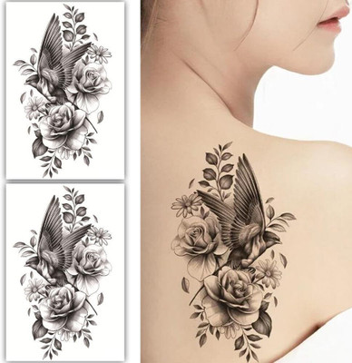 DealTree 2 Sheets Black Temporary Tattoos for Women 19x12cm Floral Bird Design(Floral Bird Design)