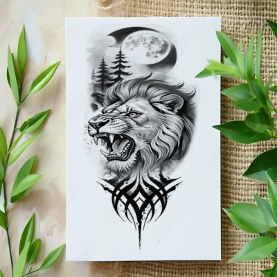 surmul Lion With Moon Tribal Temporary Tattoo For Male & Female Long-Lasting Tattoo(Lion Temporary Tattoo Skin Friendly Peel And Stick Tattoo)