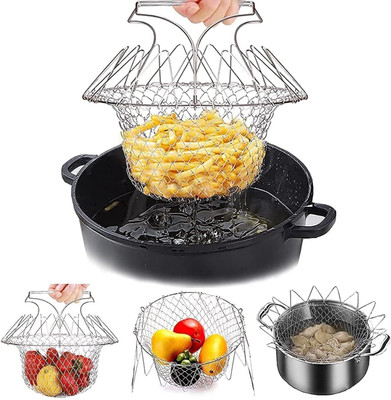 kayru Foldable Steam Rinse Deep Fry Chef Basket Magic Basket Mesh Basket Tea Strainer(Pack of 1)