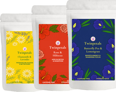 TWINPETALS Chamomile Lavender + Hibiscus Rose + Butterfly Pea Lemongrass Tea Combo Chamomile, Lavender, Hibiscus Herbal Tea Bags Box(3 x 60 g)