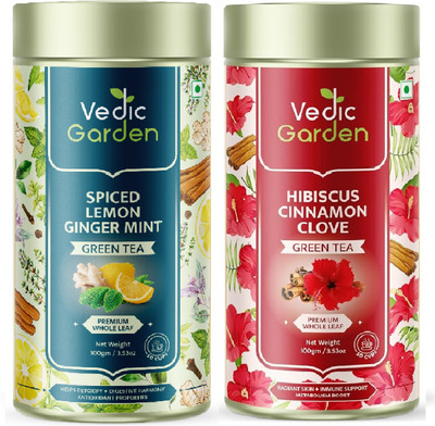 Vedic Garden Combo of Naturally Grown Lemon Ginger Mint & Hibiscus Cinnamon Clove Flavor Hibiscus, Lemon Green Tea Tin(2 x 100 g)