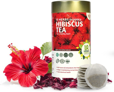 18 Herbs Organics Hibiscus tea | Caffeine Free Infusion Tea - Healthy Heart - Controls Cholesterol Hibiscus Herbal Tea Bags Tin(40 Bags)