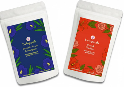 TWINPETALS Butterfly Pea Lemongrass and Hibiscus Rose Tea Combo Lemon Grass, Hibiscus Herbal Tea Bags Pouch(2 x 60 g)