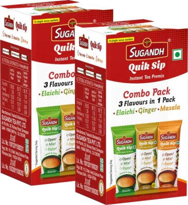 Sugandh Quik Sip Instant Premix 3 in 1 Combo-Single Serve Sachets-2 Boxes of 10 Sachets Cardamom, Ginger Instant Tea Box(2 x 70 g)