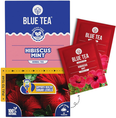 BLUE TEA Hibiscus Mint Tea Bags | Herbal, Caffeine-Free | Skin Glow & Sugar Support | Mint Herbal Tea Bags Box(25 Bags)