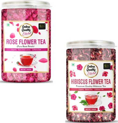 Online Quality Store Organic Hibiscus Flower Tea, Rose Flower Tea Combo - 100g Each Pack | Hibiscus, Rose Herbal Tea Plastic Bottle(2 x 100 g)