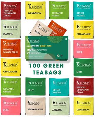 Teabox Assorted Green Tea Bags 100 pcs | 100% Natural Immunity Boosting Sampler Pack | USDA Certified Organic Green Tea | 10 Teabags of 10 Flavours Each Green Tea Bags Box
