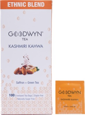 Goodwyn Kashmiri Kahwa - Herbal Blend Plastic-Free Cinnamon, Cardamom, Saffron Green Tea Bags Box(100 Bags)