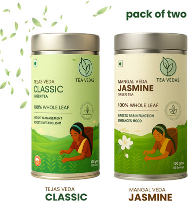 TEAVEDAS Classic Whole Leaf & Jasmine Green Tea - Pack of 2 (100g each) Jasmine Green Tea Tin(2 x 100 g)