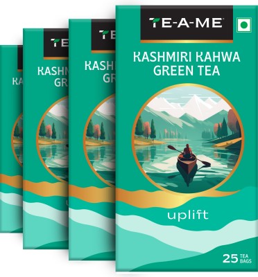 TE-A-ME Kashmiri Kahwa Pack of 4 (4 X 25 = 100 Tea Bags) Cinnamon, Cardamom Green Tea Bags Box(4 x 25 Bags)