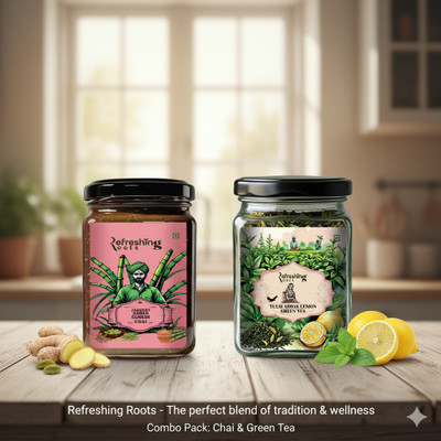 refreshing roots COMBO PACK : JAGGERY TEA & GREEN TEA Ginger, Cardamom, Lemon Masala Tea Glass Bottle(2 x 150 g)
