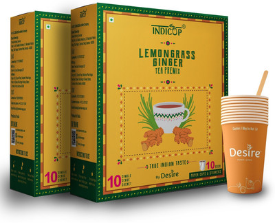 INDICUP Lemongrass Ginger Tea Instant Premix Instant tea mix, Refreshing taste Lemon Grass, Ginger Instant Tea Box(2 x 10 Sachets)