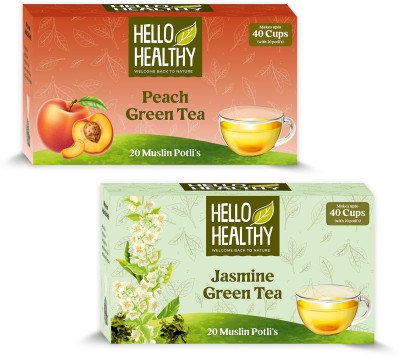 Hello Healthy Peach Green Tea & Jasmine Green Tea For Weight Loss Pack of 2 Peach, Jasmine Green Tea Bags Box(2 x 20 Bags)