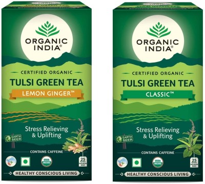 ORGANIC INDIA Tulsi Green Tea Classic 25 Tea Bag & Tulsi Green Tea Lemon Ginger Tea 25 Tea Bag Tulsi Tea Bags Box(2 x 25 Bags)