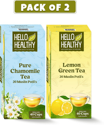 Hello Healthy Pure Chamomile & Lemon Green Tea Pack of 2 for weight loss and stress relief Lemon, Chamomile Green Tea Bags Box(2 x 20 Bags)