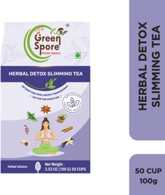 Green Spore Herbal Detox Slimming Tea Detoxifying Skin,weight management & Better Digestion Lemon Grass, Ginger, Cinnamon, Garcinia Green Tea Pouch(100 g)