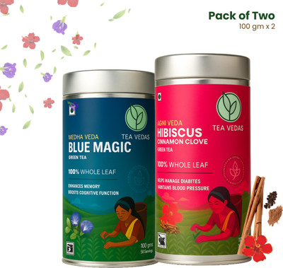 TEAVEDAS Tea Vedas Blue Magic & Hibiscus Green Tea - Pack of 2 (100g each) Hibiscus, Unflavoured Green Tea Tin(2 x 100 g)