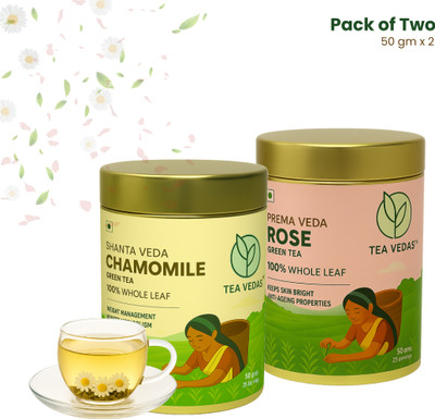TEAVEDAS Tea Vedas Chamomile & Rose Green Tea - Pack of 2 (50g each) Chamomile, Rose Green Tea Tin(2 x 50 g)